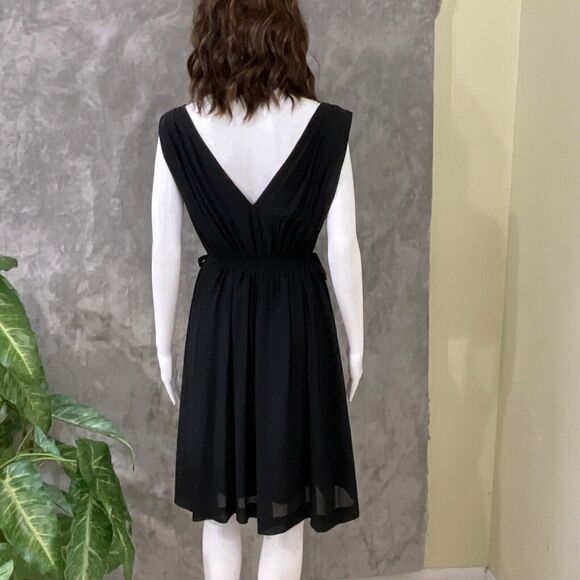 Anthropologie Draped LBD midi Dress women’s 4 Black Crepe V Neck /back cinch tie - Picture 5 of 15